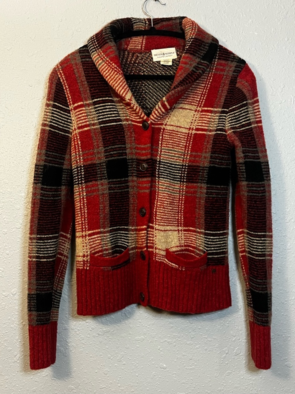Denim & Supply Ralph Lauren Red Plaid Shawl Collar Cardigan